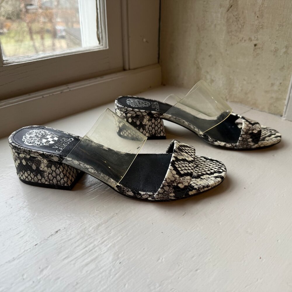 Vince Camuto Snake Print Clear Strap Mule Heels Size 6.5
